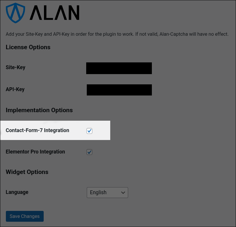 Screenshot of the WordPress admin panel showing the Alan-Captcha forms section. The Contact Form 7 integration checkbox is highlighted and checked.