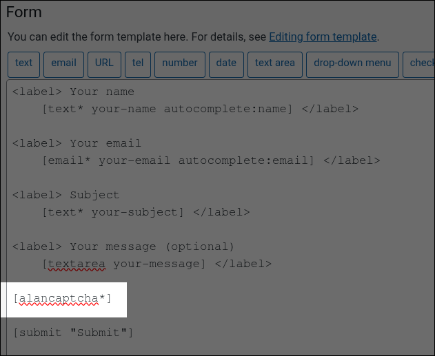 Screenshot of the edit page of a Contact Form 7 form with [alancaptcha*] in the text field highlighted.