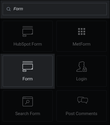 Screenshot of the Widget Selector showing the search results for Form