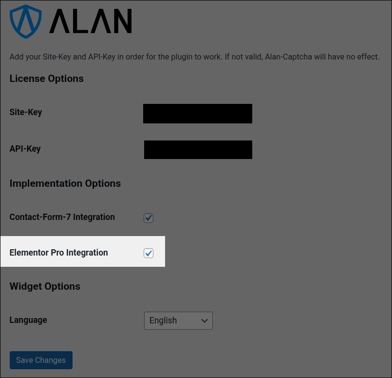 Screenshot of the WordPress admin panel showing the Alan-Captcha forms section. The Elementor Pro Integration checkbox is highlighted and checked.