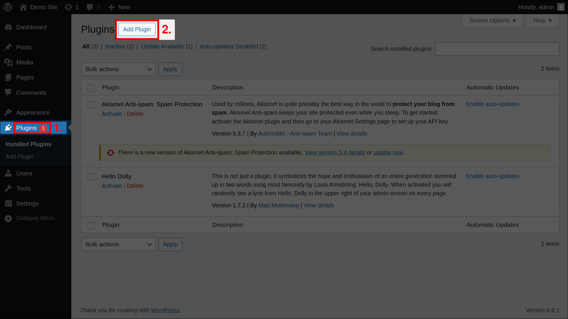 Screenshot of the WordPress admin dashboard. The left sidebar highlights the &quot;Plugins&quot; tab, and the main content area highlights the &quot;Add New&quot; button, showing the navigation steps to install a WordPress plugin.